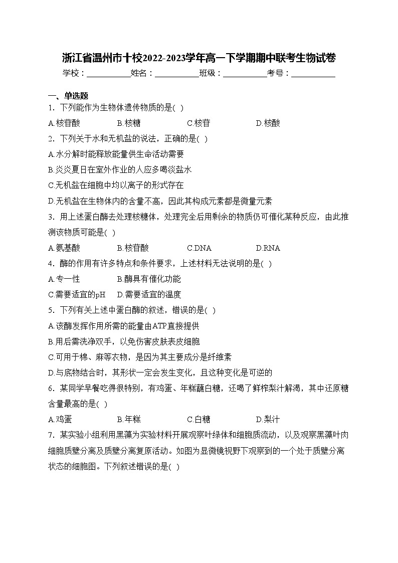 浙江省温州市十校2022-2023学年高一下学期期中联考生物试卷(含答案)01