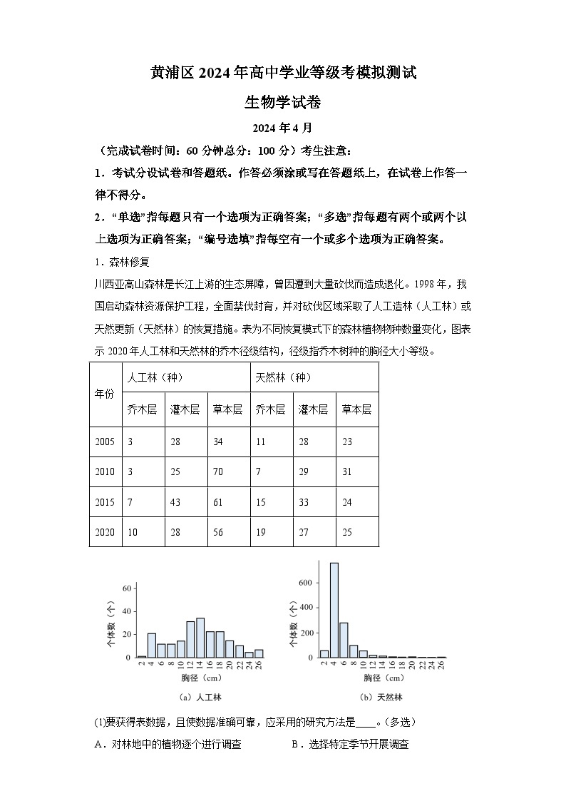 2024年上海市黄浦区高三下学期高考二模生物试卷含详解01