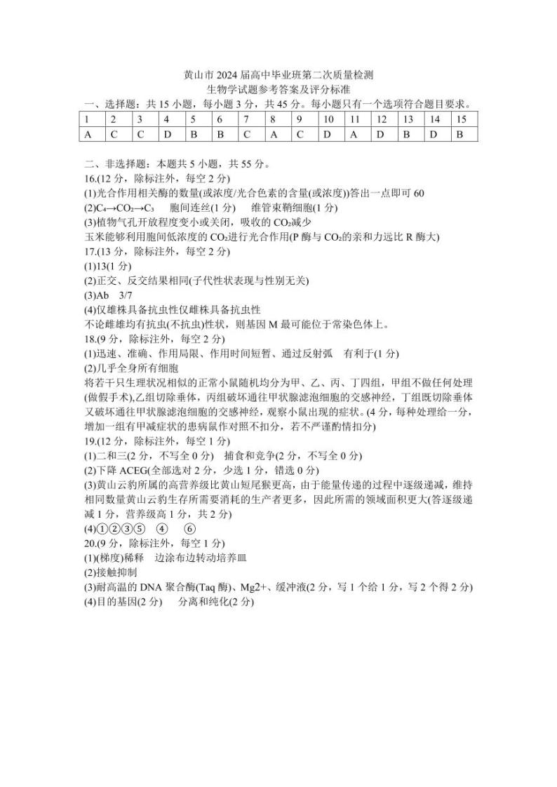 安徽省黄山市2024届高三下学期4月第二次质量检测试题（二模） 生物试题及答案01