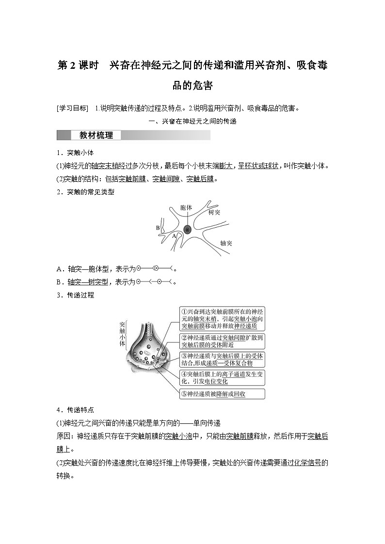 2024年高中生物新教材同步学案 选择性必修第一册 第2章 第3节 第2课时 兴奋在神经元之间的传递和滥用兴奋剂、吸食毒品的危害(含解析)01