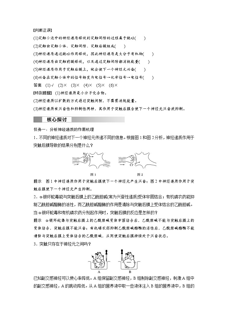 2024年高中生物新教材同步学案 选择性必修第一册 第2章 第3节 第2课时 兴奋在神经元之间的传递和滥用兴奋剂、吸食毒品的危害(含解析)02
