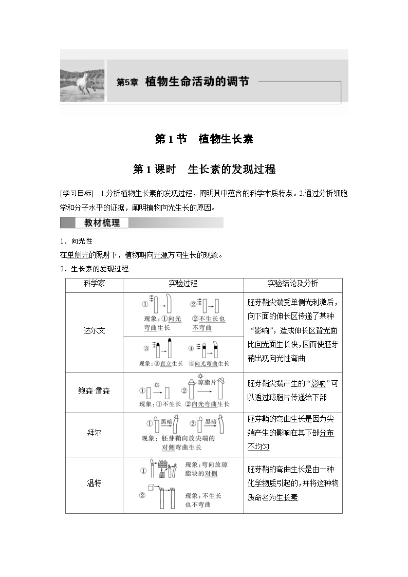 2024年高中生物新教材同步学案 选择性必修第一册 第5章 第1节 第1课时　生长素的发现过程（含解析）