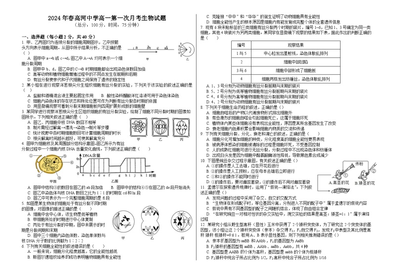 安徽省安庆市怀宁县安徽省怀宁县高河中学2023-2024学年高二下学期4月月考生物试题01