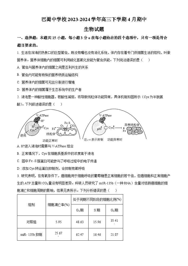 重庆市渝中区巴蜀中学校2023-2024学年高三下学期4月期中考试生物试题（原卷版+解析版）