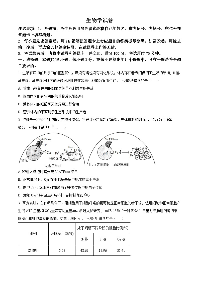 重庆市渝中区巴蜀中学校2023-2024学年高三下学期4月期中生物试题（原卷版+解析版）01