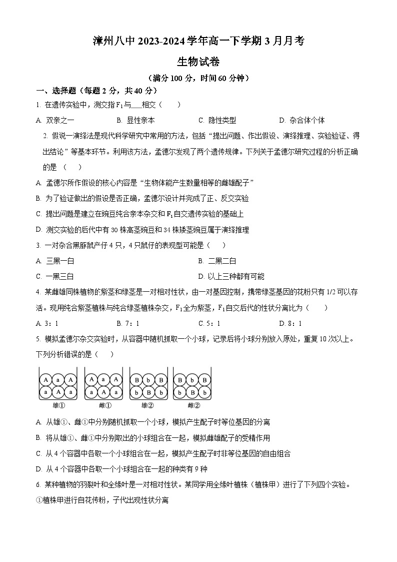 福建省漳州市第八中学2023-2024学年高一下学期3月考试生物试题（原卷版+解析版）01