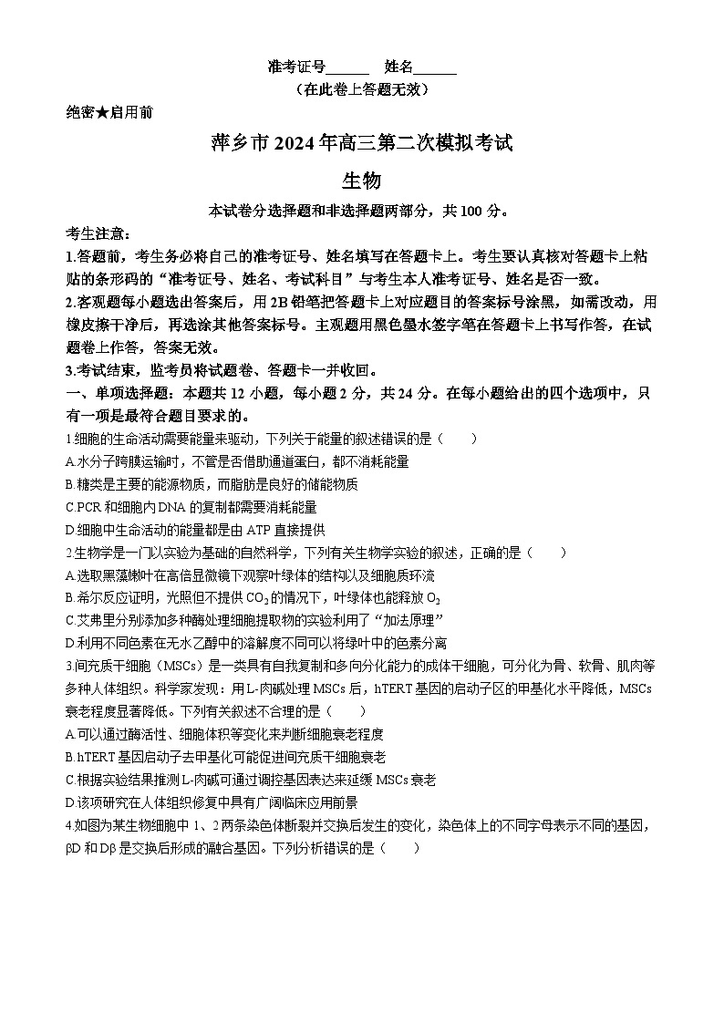 2024萍乡高三下学期第二次模拟考试生物试题01