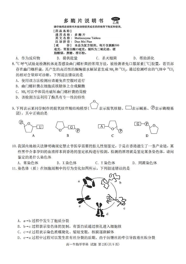 浙江省三锋联盟2023-2024学年高一下学期4月期中考试生物试题(PDF版附答案)第2页