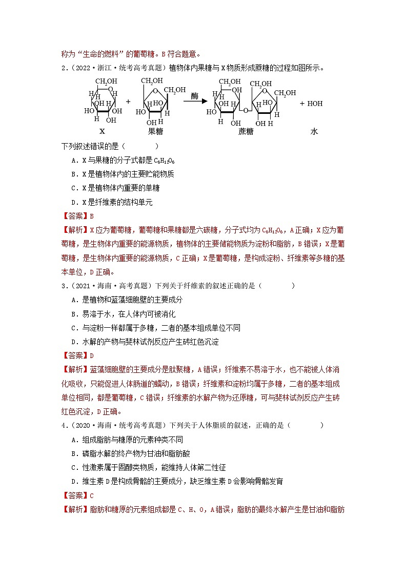 专题02 细胞中的糖类和脂质(解析版)第2页