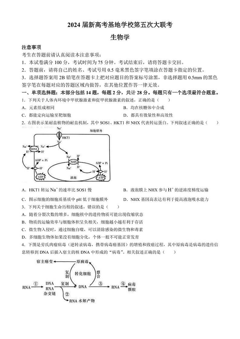 2024届江苏省新高考基地学校第五次大联考生物试题第1页