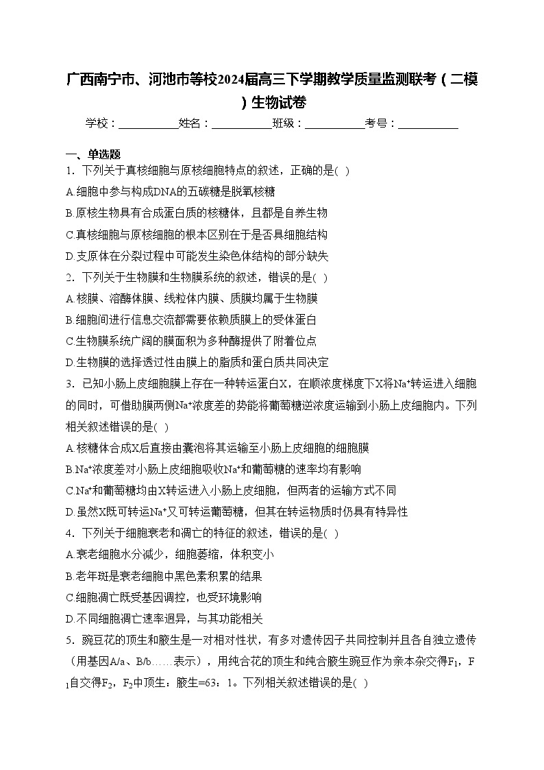 广西南宁市、河池市等校2024届高三下学期教学质量监测联考（二模）生物试卷(含答案)01