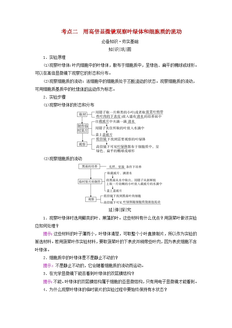 2025版高考生物一轮总复习教案必修1第二单元细胞的基本结构与物质输入和输出第二讲细胞器和生物膜系统考点二用高倍显微镜观察叶绿体和细胞质的流动01