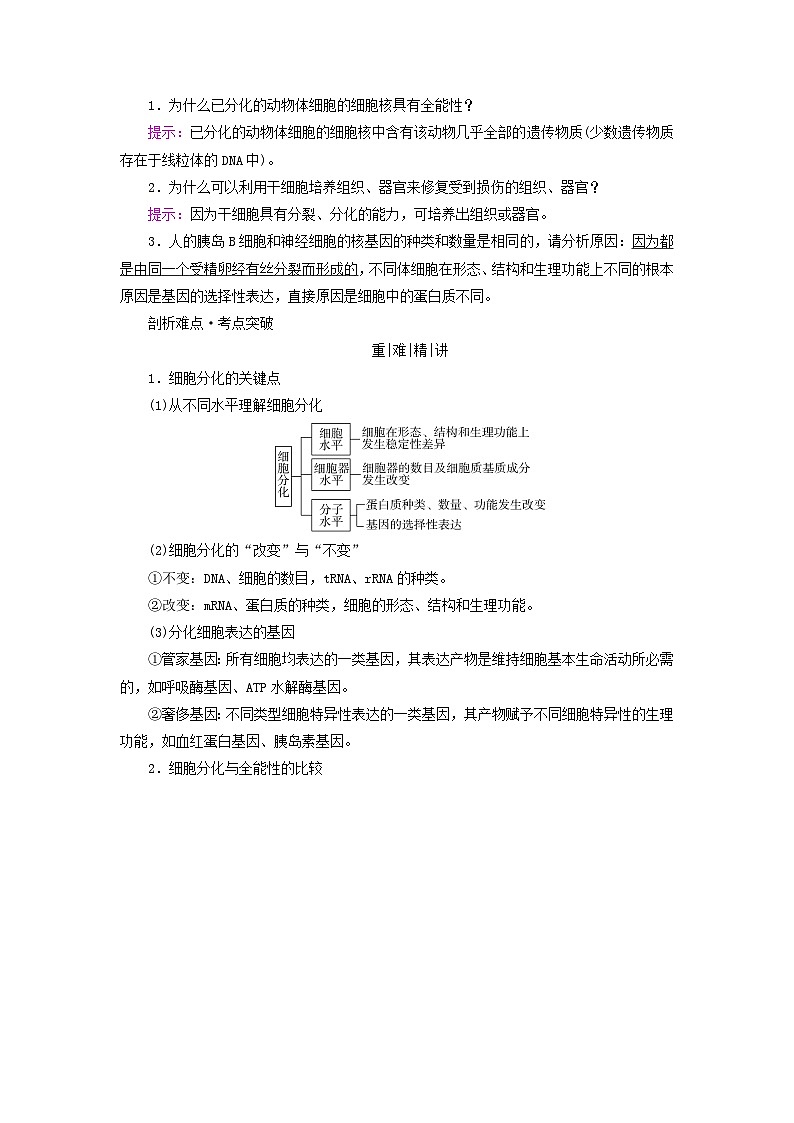 2025版高考生物一轮总复习教案必修1第四单元细胞的生命历程第三讲细胞的分化衰老和死亡考点一细胞的分化与细胞的全能性03