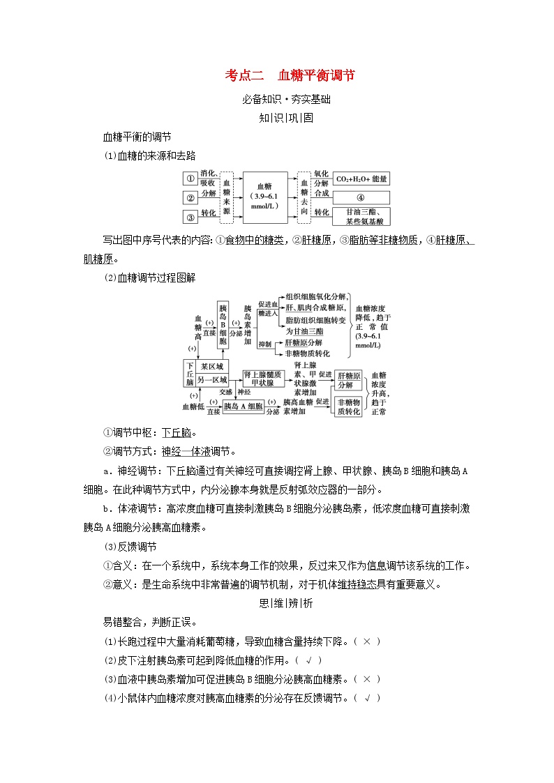 2025版高考生物一轮总复习教案选择性必修1第八单元稳态与调节第四讲激素与内分泌系统激素调节的过程考点二血糖平衡调节