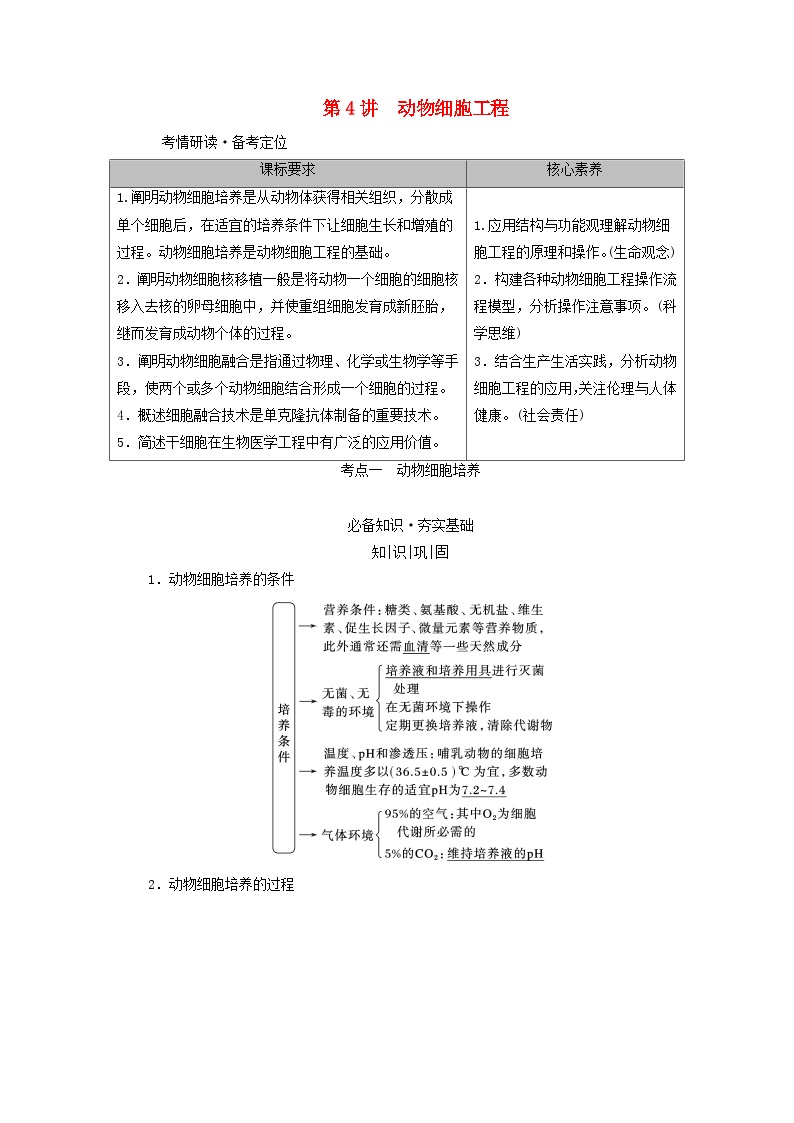 2025版高考生物一轮总复习教案选择性必修3第十单元生物技术与工程第四讲动物细胞工程考点一动物细胞培养