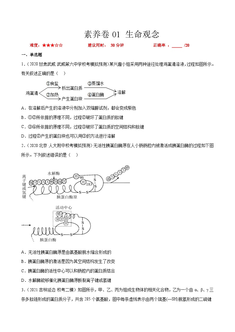 素养卷01 生命观念-【小题小卷】冲刺最新高考生物小题限时集训（新高考专用）