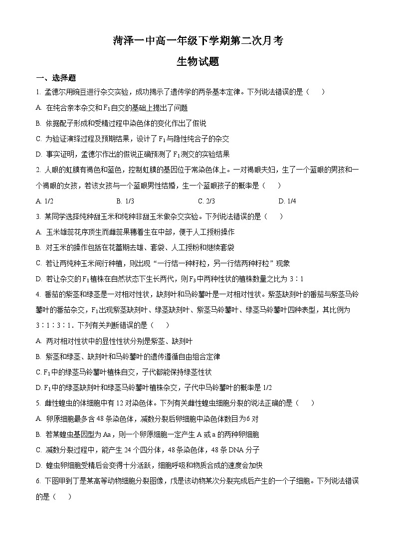 山东省菏泽市牡丹区第一中学2023-2024学年高一下学期第二次月考生物试题(原卷版)第1页