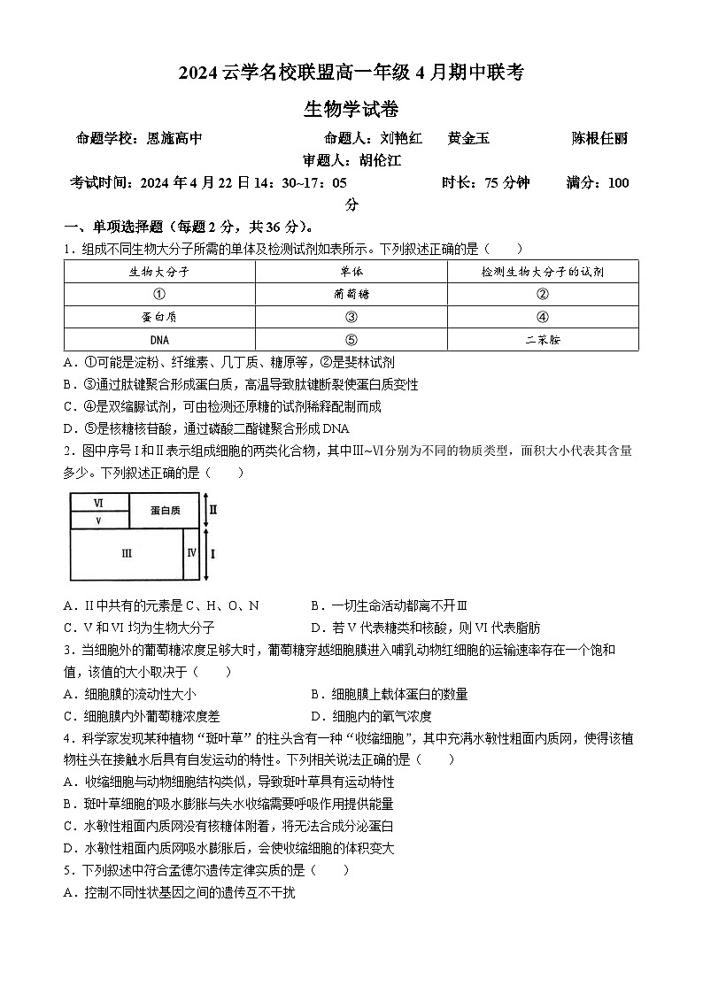 湖北省云学名校新高考联盟2023-2024学年高一下学期4月期中联考生物试卷(Word版附答案)第1页