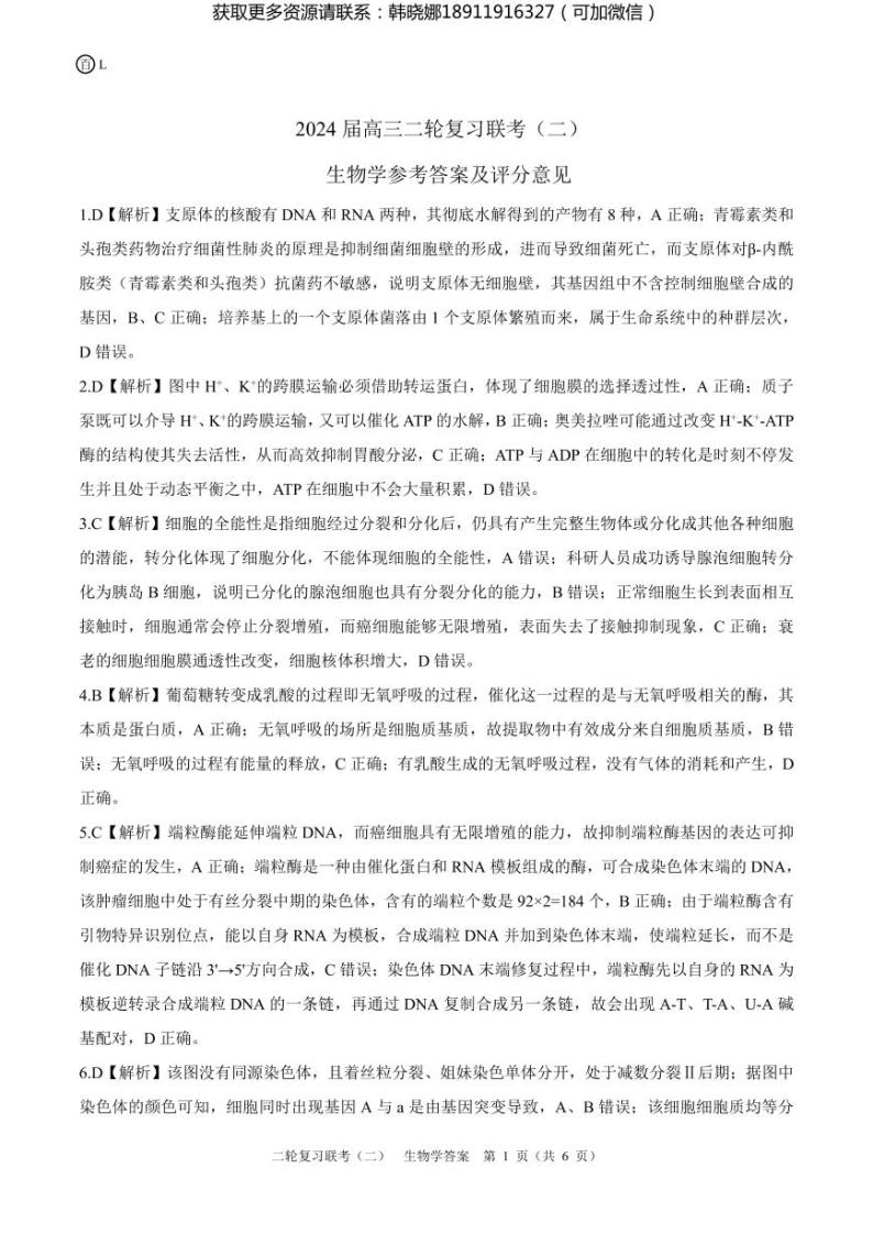 2024百师联盟届高三二轮复习联考（二）生物试卷及参考答案01