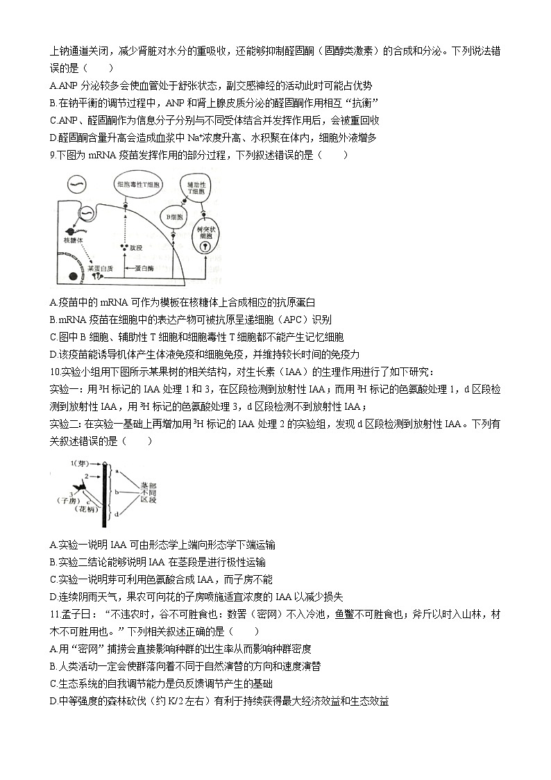 2024鹰潭高三下学期第二次模拟考试生物试题(无答案)03