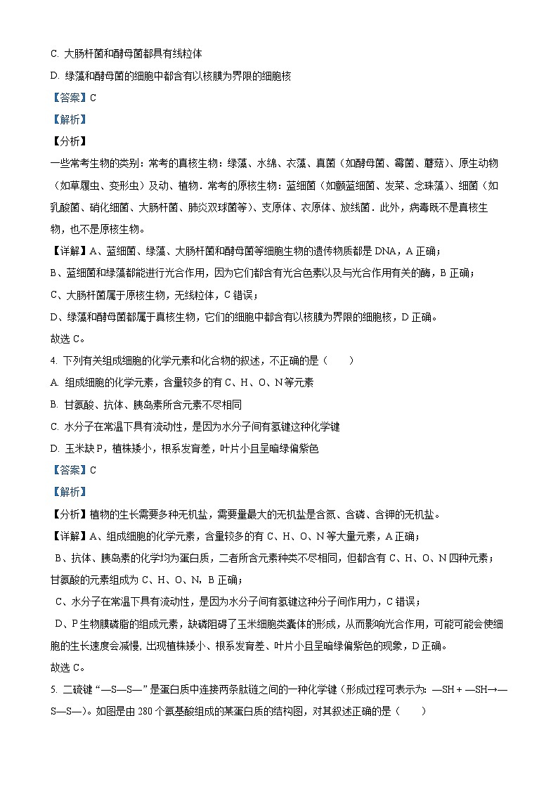 云南省德宏州2023-2024学年高一上学期期末生物试题(Word版附解析)03