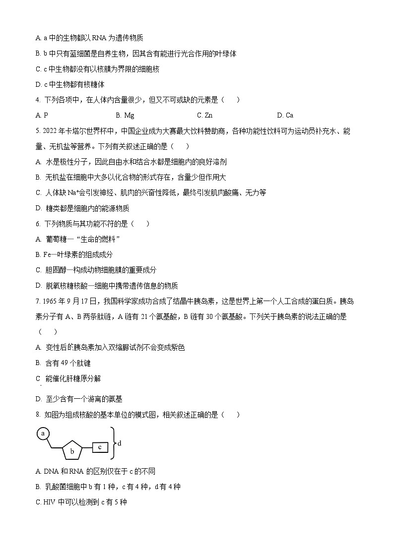 云南省昭通市第一中学教研联盟2023-2024学年高一上学期期末生物A卷(Word版附解析)02