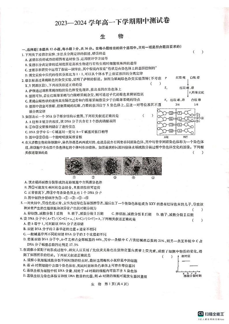 河南省南阳市南阳5校2023-2024学年高一下学期4月期中生物试题第1页