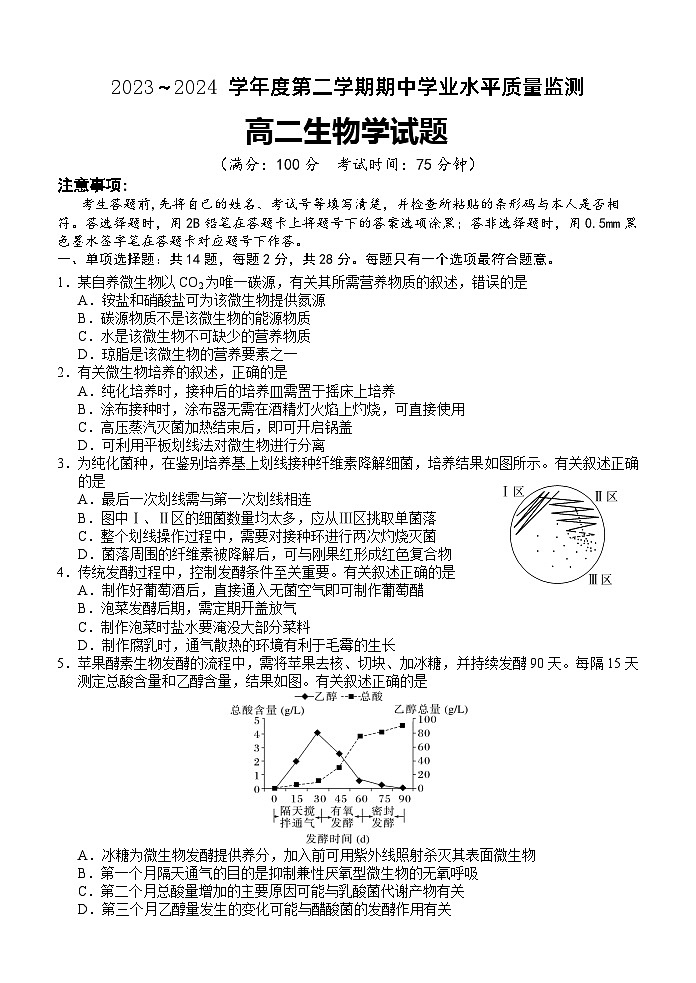 江苏省连云港市赣榆区2023-2024学年高二下学期4月期中生物试题01