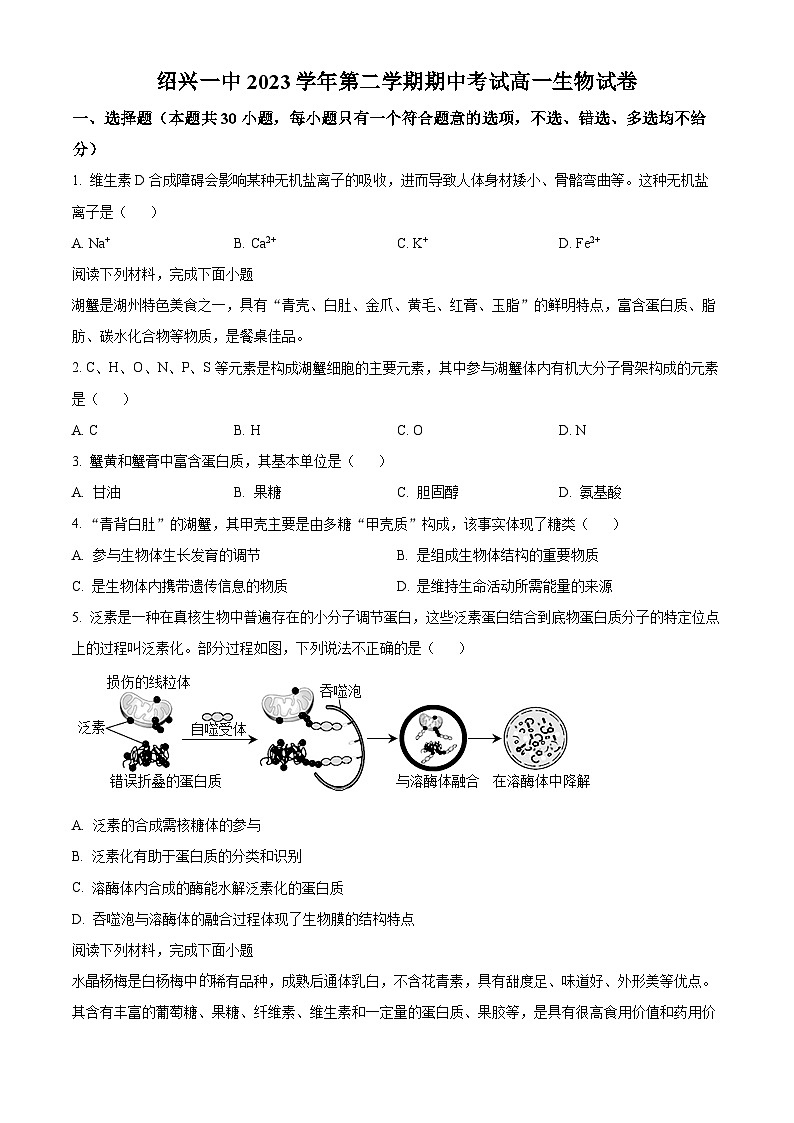 浙江省绍兴市第一中学2023-2024学年高一下学期期中生物试卷(Word版附解析)01
