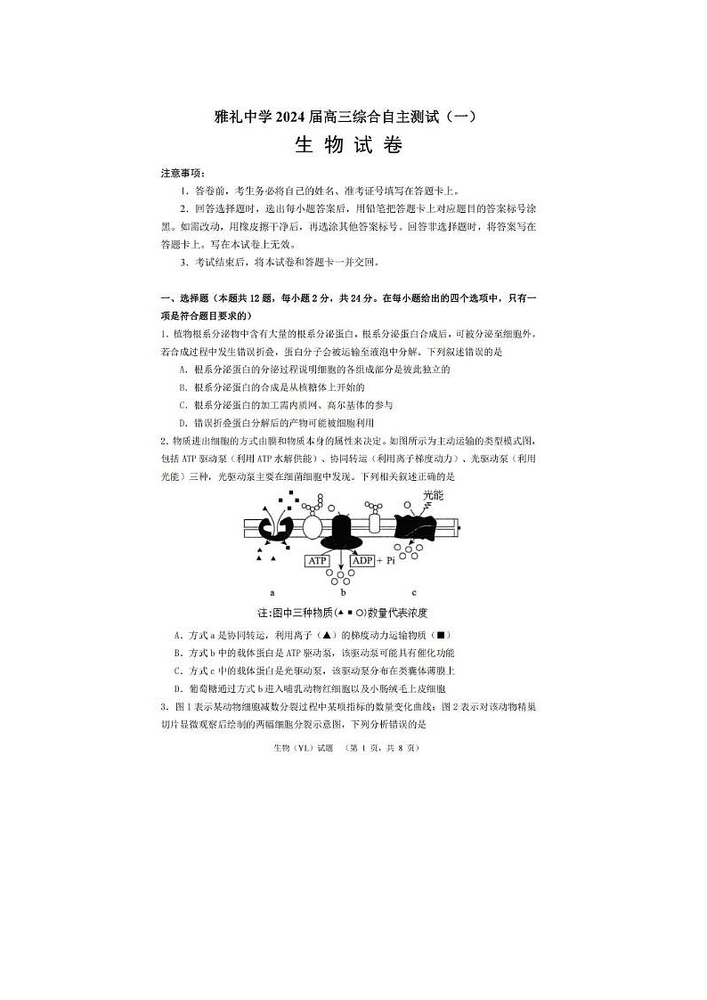 2024届雅礼中学高三下学期3月综合自主测试生物试题第1页