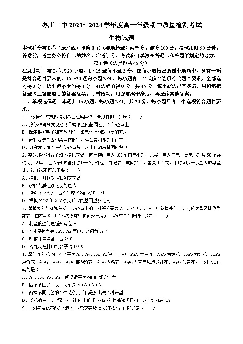 山东省枣庄市三中2023-2024学年高一下学期期中质量检测考试生物试题01