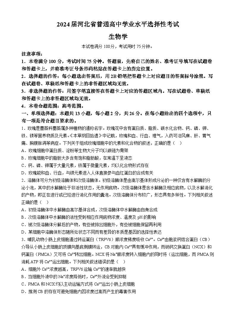 2024届河北省沧州市部分高中高三下学期二模生物试题01