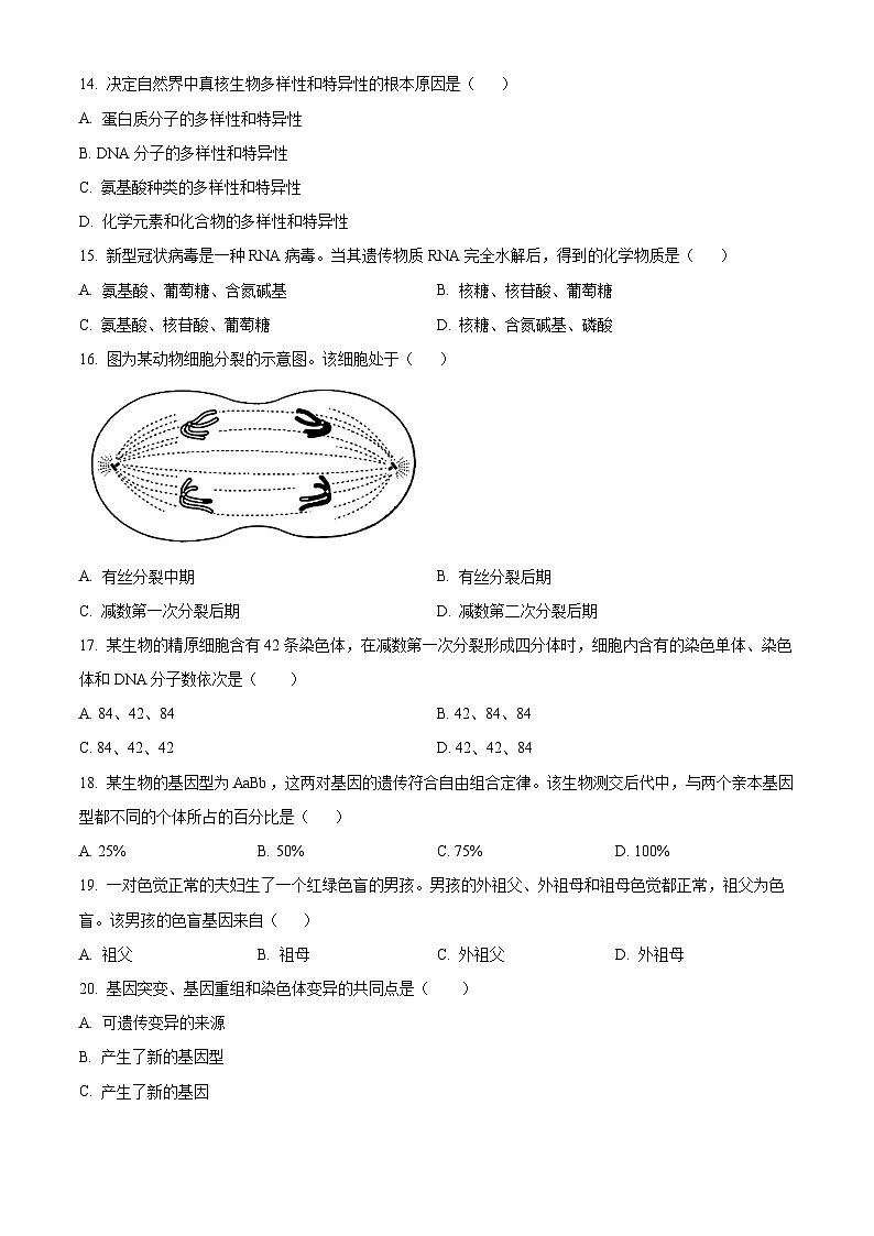 北京市第八十中学2023—2024学年高一下学期期中考试生物试题(原卷版+解析版)03