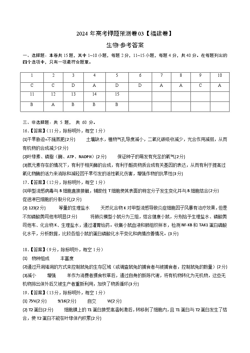 2024年高考押题预测卷—生物(福建卷03)(参考答案)第1页