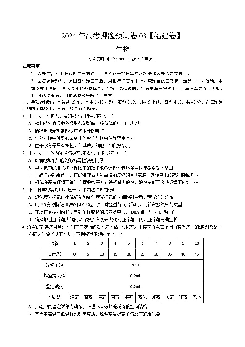 2024年高考押题预测卷—生物(福建卷03)(考试版)第1页