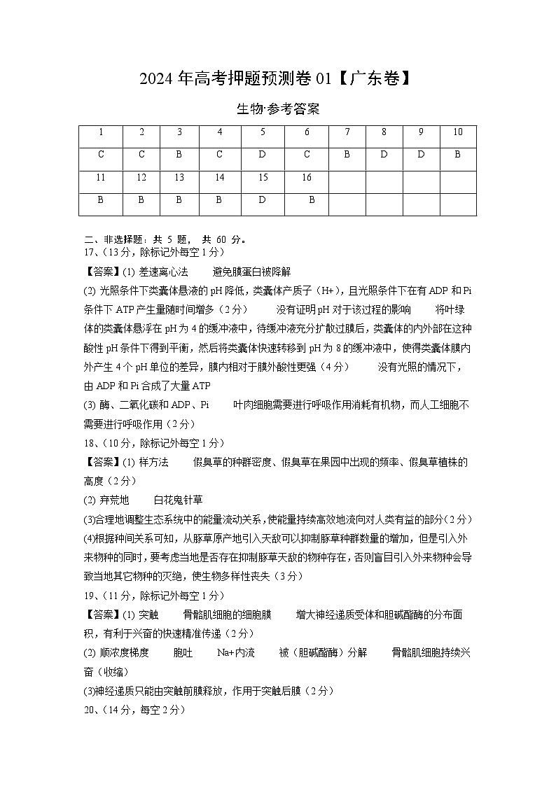 2024年高考押题预测卷—生物(广东卷01)(参考答案)第1页
