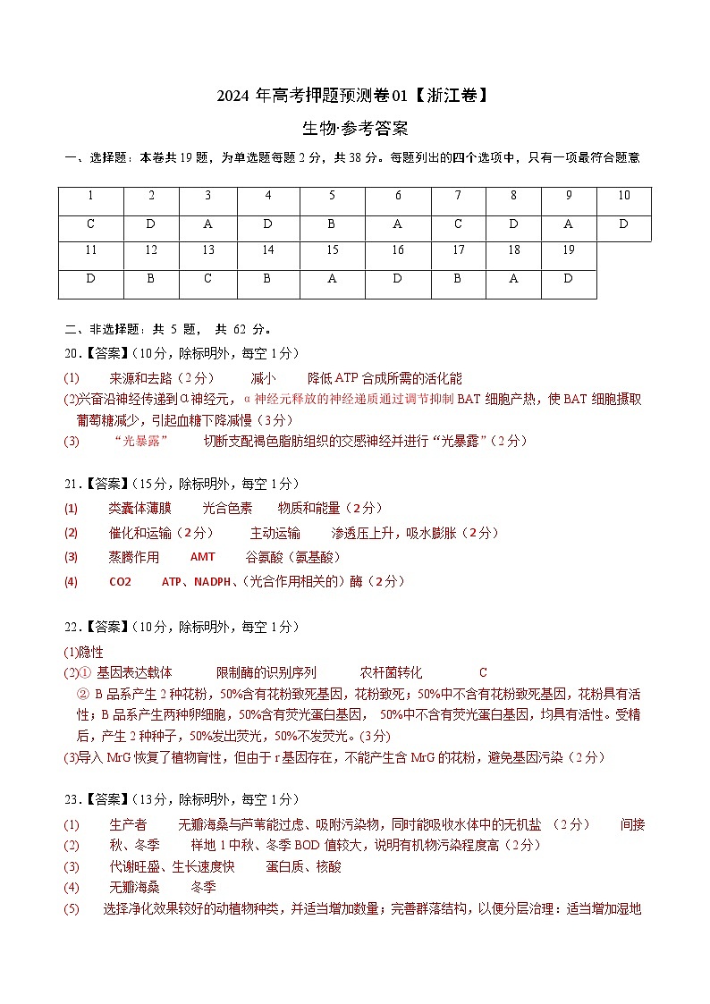 2024年高考押题预测卷—生物(浙江卷01)(参考答案)第1页