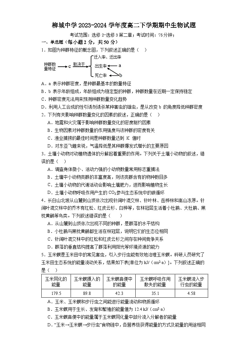 福建省南安市柳城中学2023-2024学年高二下学期5月期中考试生物试题第1页
