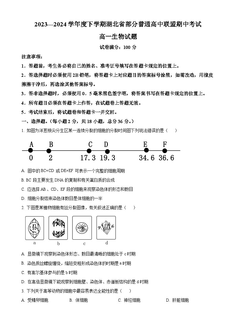 湖北省部分普通高中联盟2023-2024学年高一下学期期中联考生物试卷(Word版附解析)01