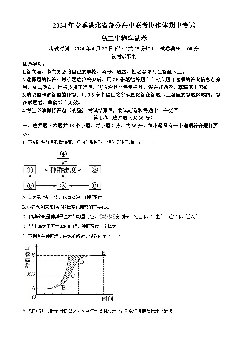 湖北省部分高中联考协作体2023-2024学年高二下学期期中考试生物试卷(原卷版+解析版)01