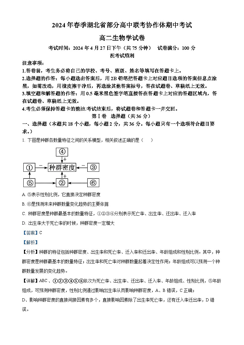 湖北省部分高中联考协作体2023-2024学年高二下学期期中考试生物试卷(原卷版+解析版)01