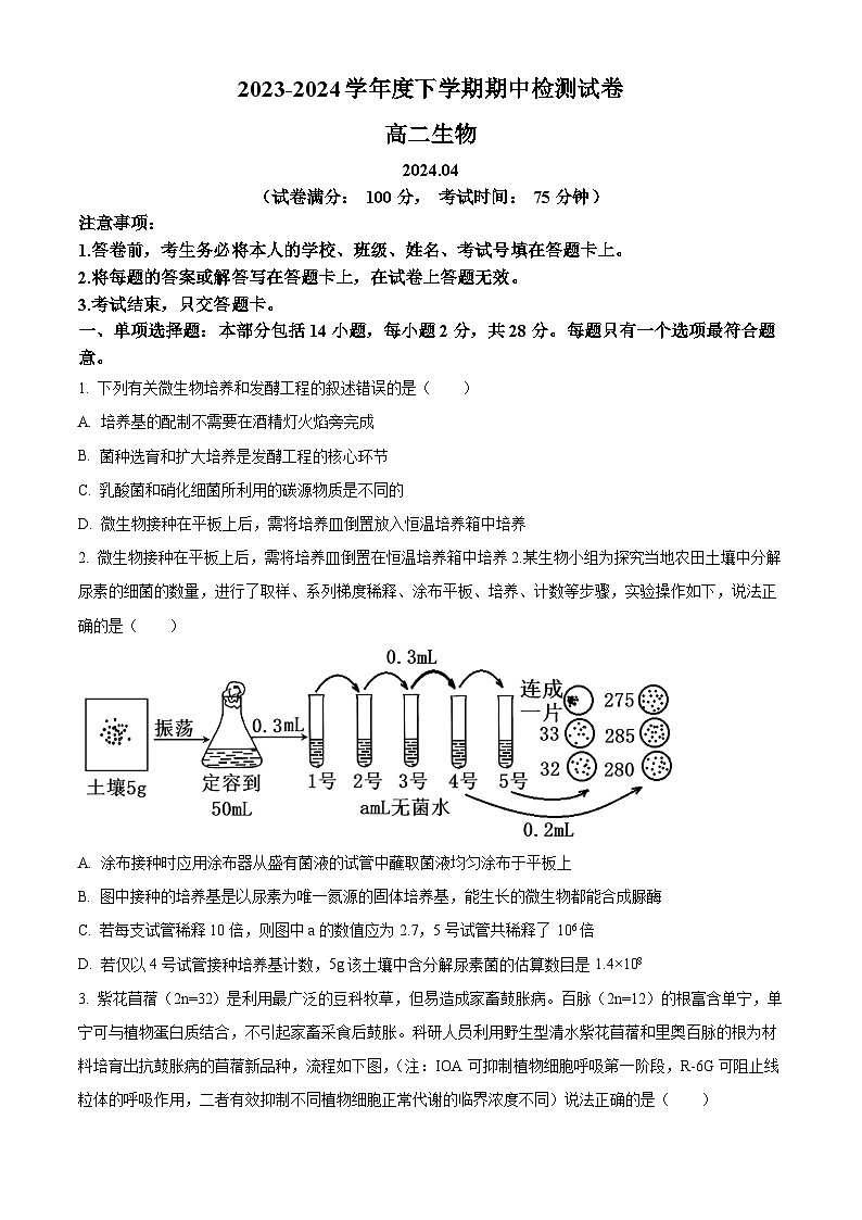 江苏省扬州市宝应县2023-2024学年高二下学期期中检测生物试题(原卷版+解析版)01