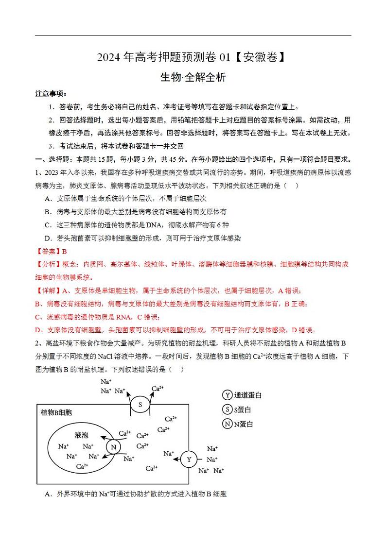 2024年高考押题预测卷—生物(安徽卷01)(解析版)01