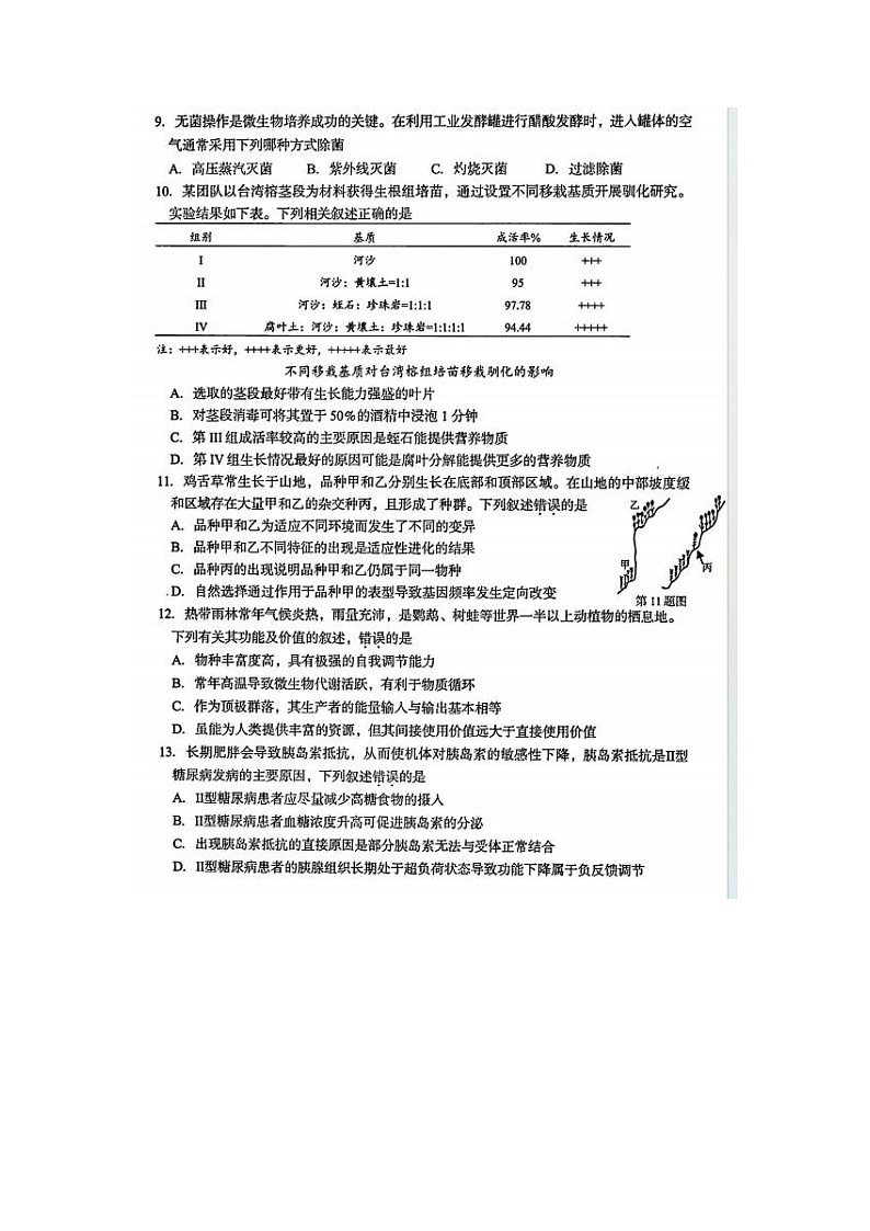 2024届浙江省高三台州二模生物试题及答案第3页