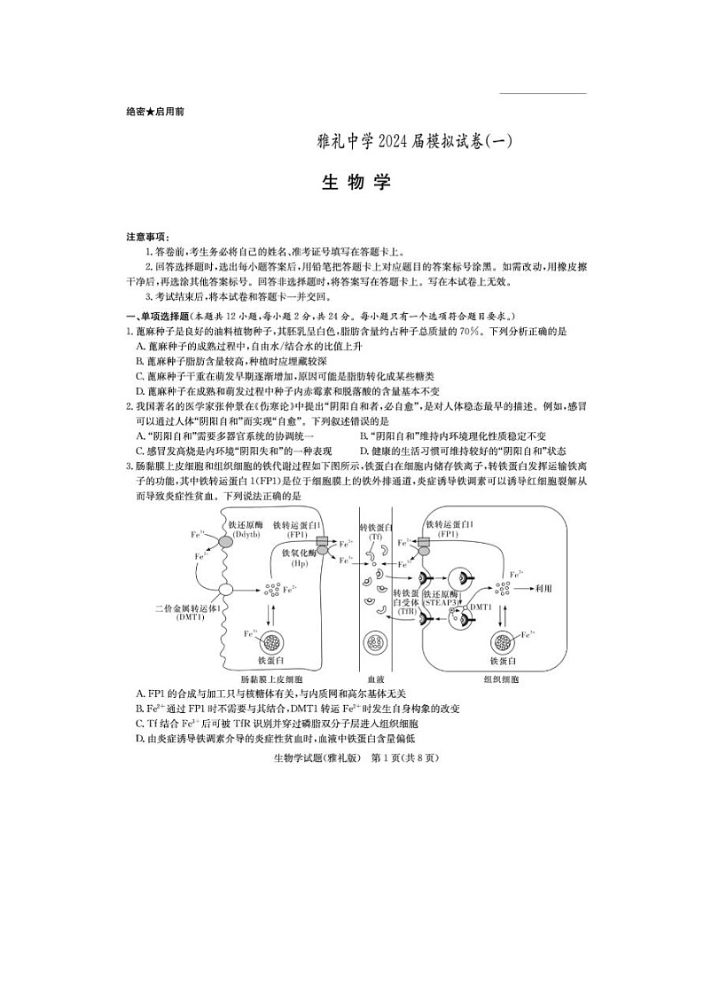 2024屆炎德英才大聯(lián)考雅禮中學高三二模生物試題第1頁