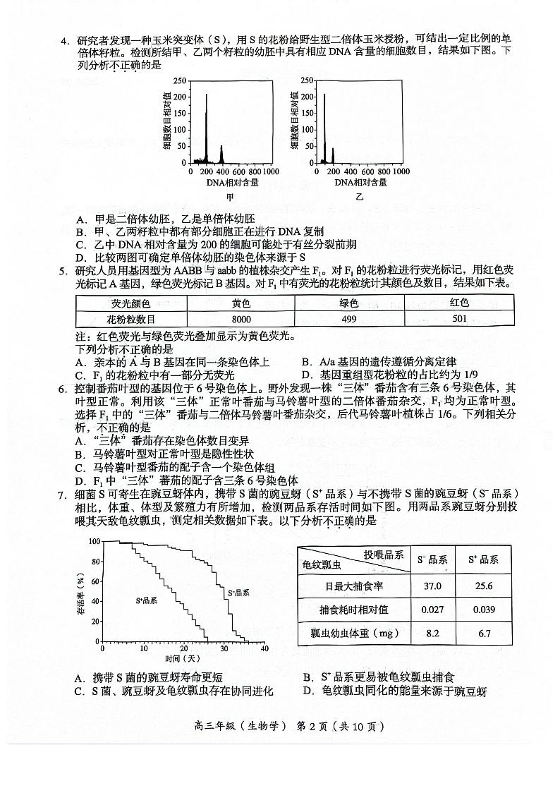 2024届北京市海淀区高三第二学期期末练习生物试题+答案(海淀区二模)02