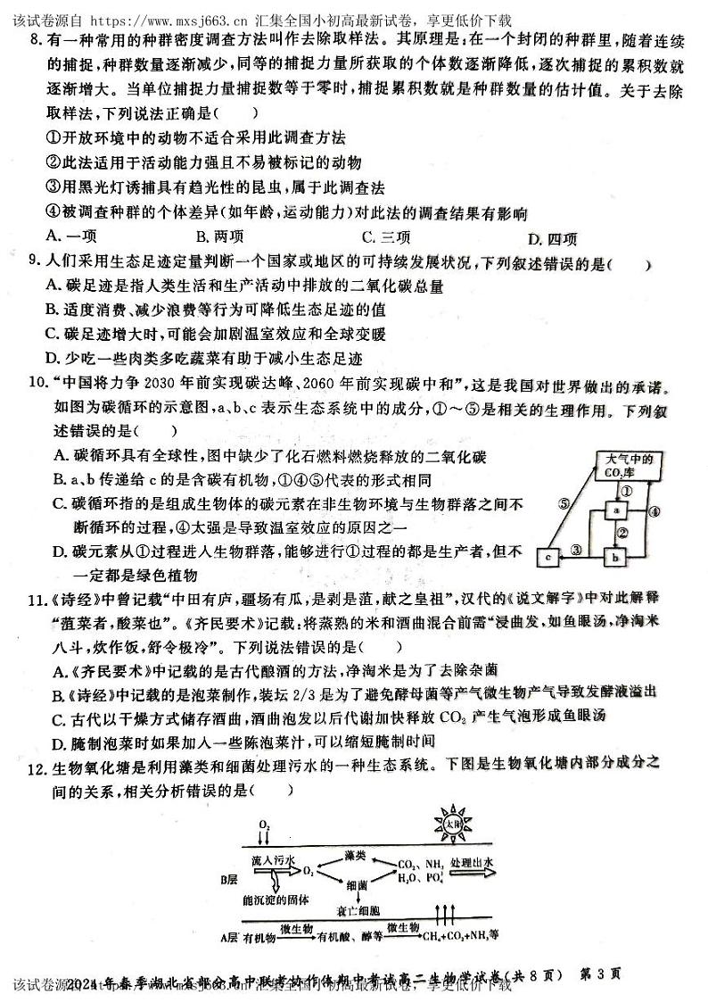 湖北省部分高中联考协作体2023-2024学年高二下学期期中考试生物试卷03
