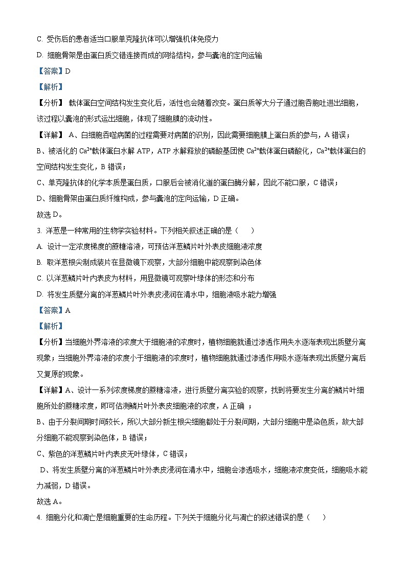 浙江省三校联盟(长兴、余杭、缙云)2024届高三下学期4月联考生物试卷(Word版附解析)02