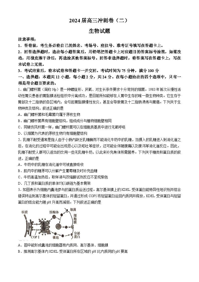 湖南省娄底市2023-2024学年高三下学期5月月考生物试卷(Word版附解析)第1页