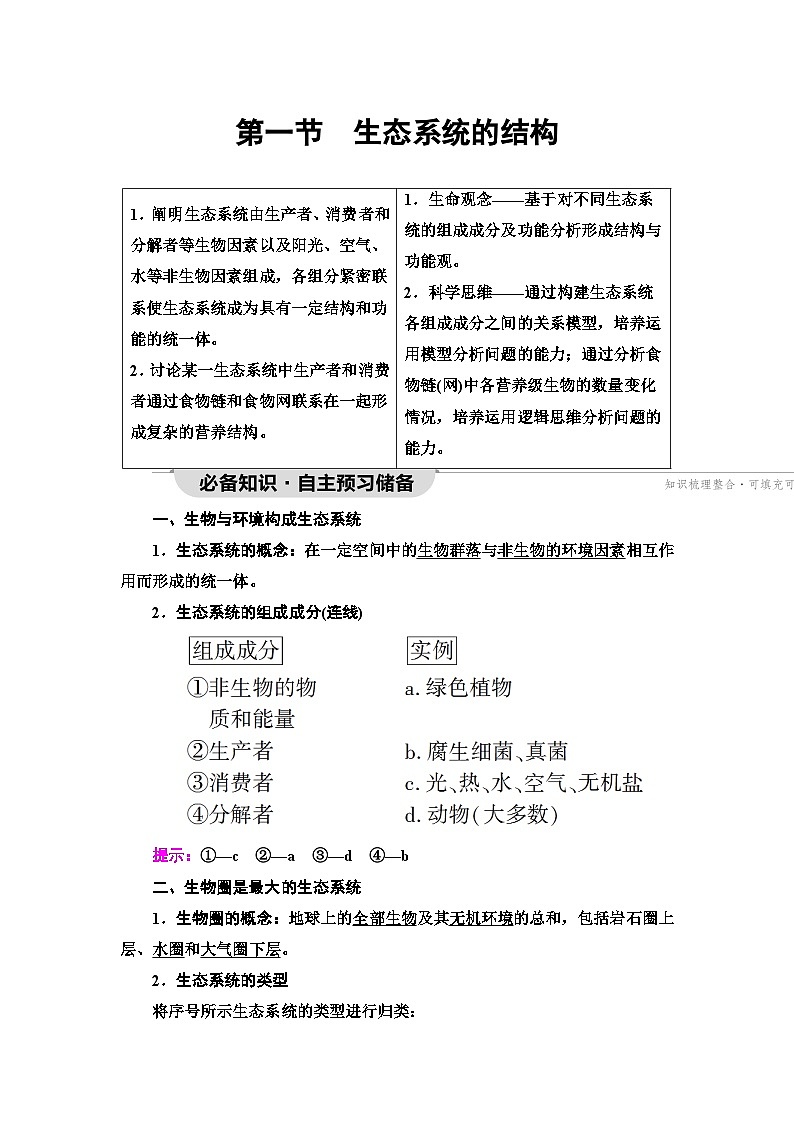 苏教版高中生物选择性必修第二册第3章第1节生态系统的结构学案第1页